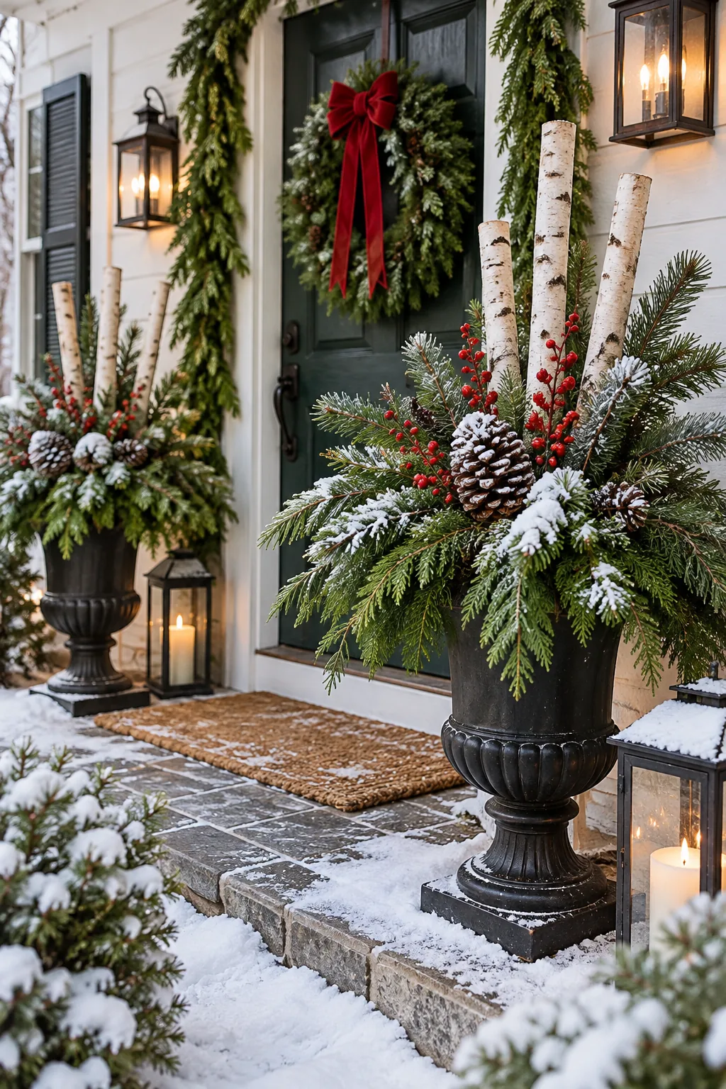 A complete view of a decorated front porch in winter, with vibrant green holiday arrangements dusted in snow.