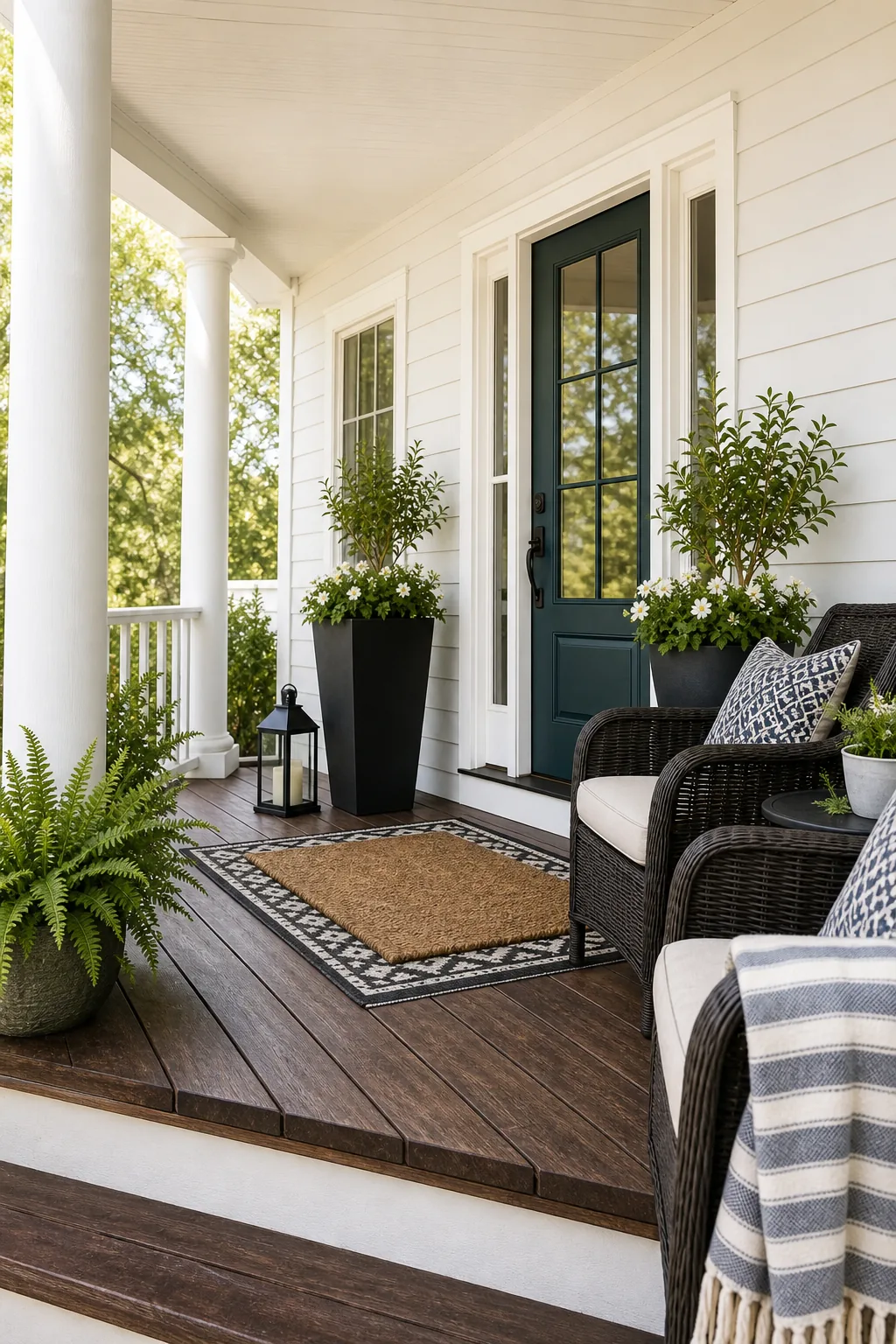Wide view of a well-proportioned front porch with white siding, a dark teal door, and a dedicated seating area.