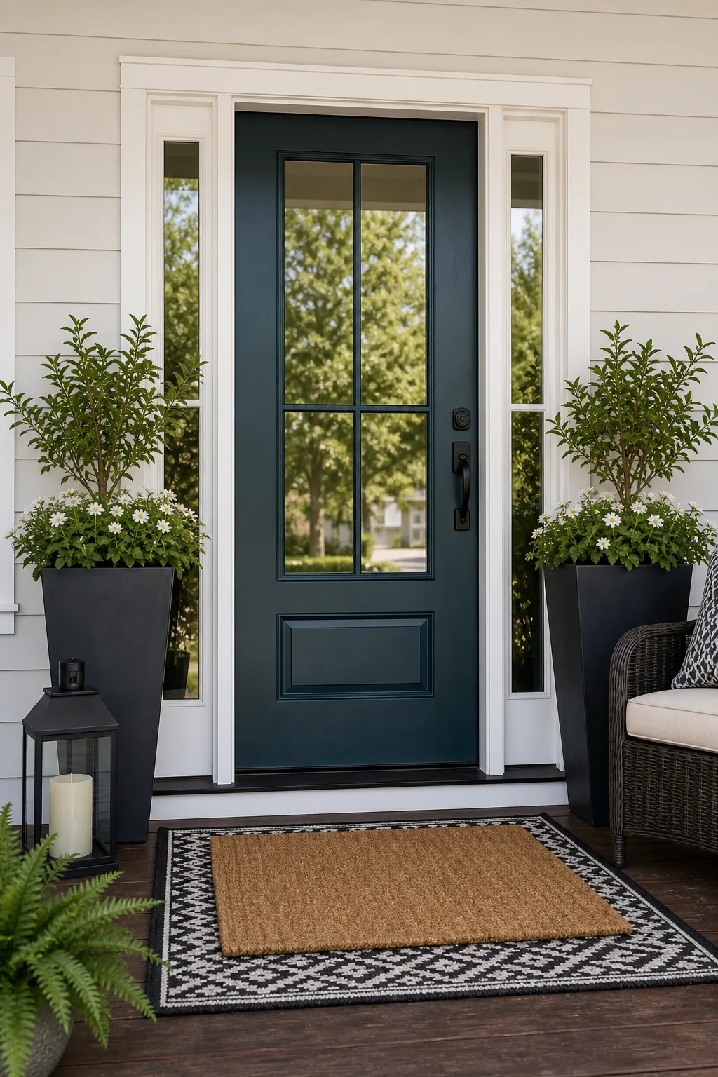 A dark teal painted front door framed by crisp white trim and siding.
