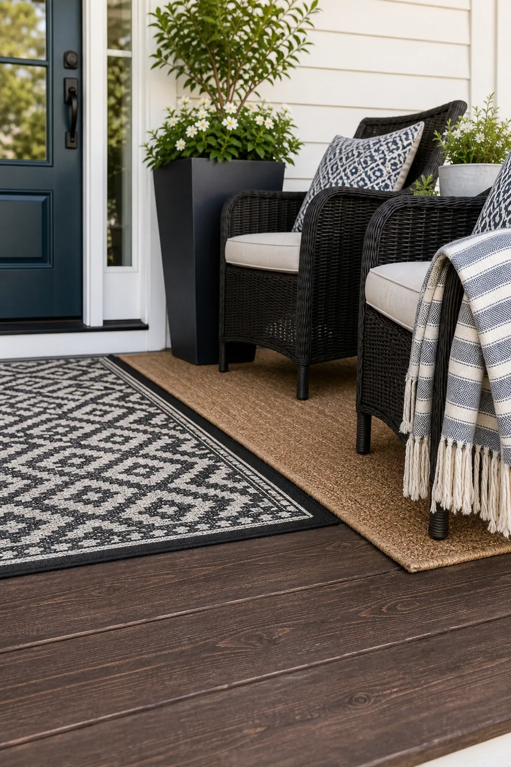 The boundary line on a wooden porch deck separating a patterned rug from an open walkway.