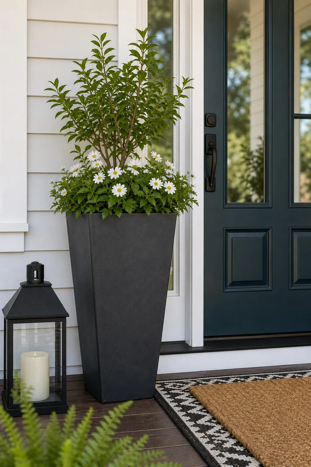 A tall black planter filled with white flowers and greenery next to a white door frame.