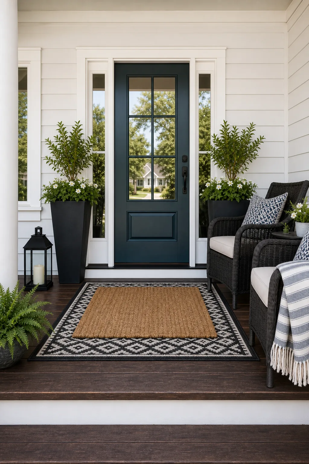 A clear visual path from wooden porch steps leading directly to a dark door handle.