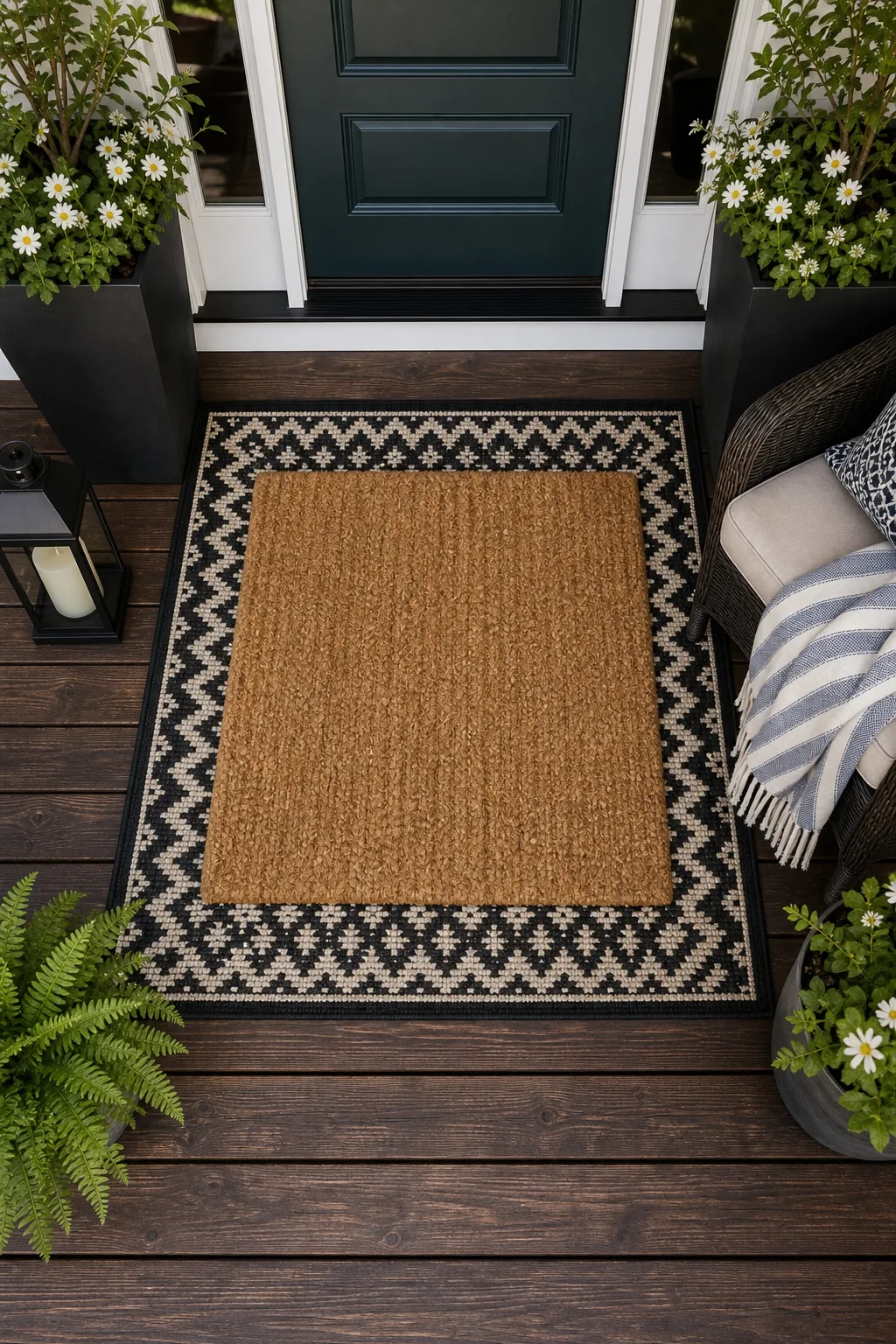 A natural coir doormat layered over a black and white geometric patterned rug.