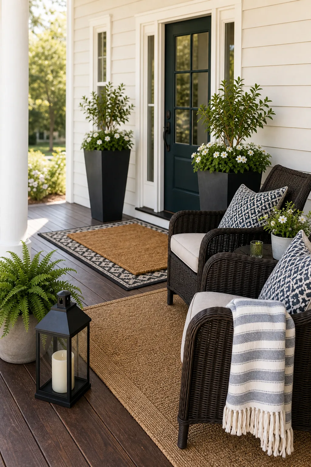 Dark wicker outdoor chairs styled with light cushions, patterned pillows, and a striped throw.