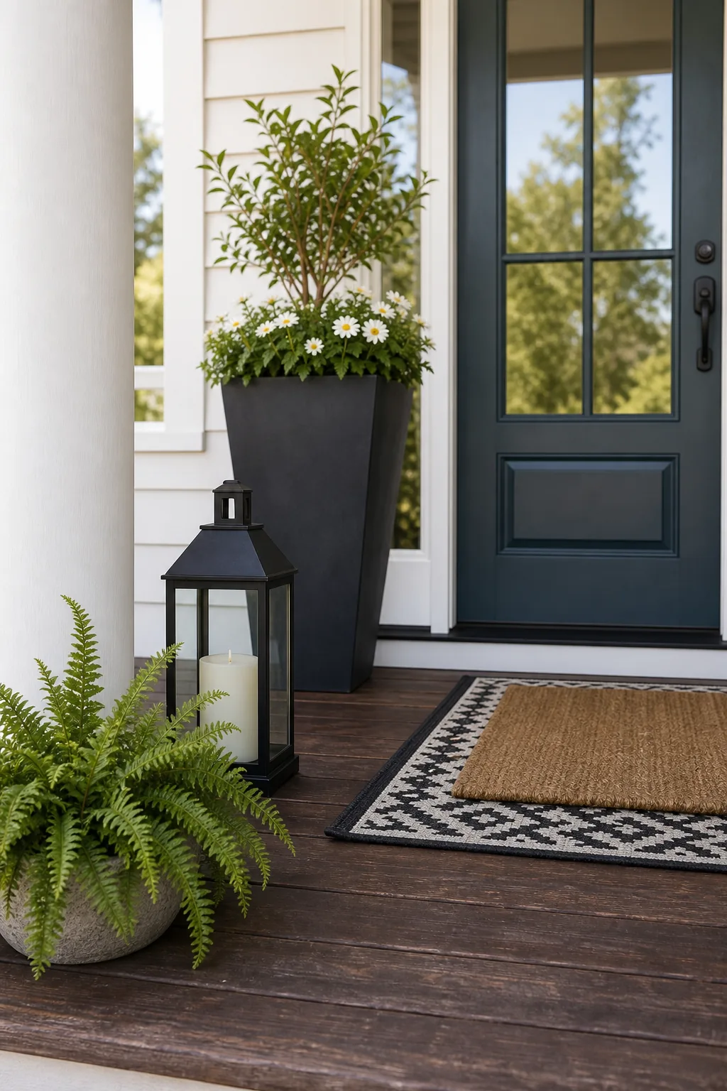 A black metal floor lantern and a potted fern resting on a wooden porch deck.