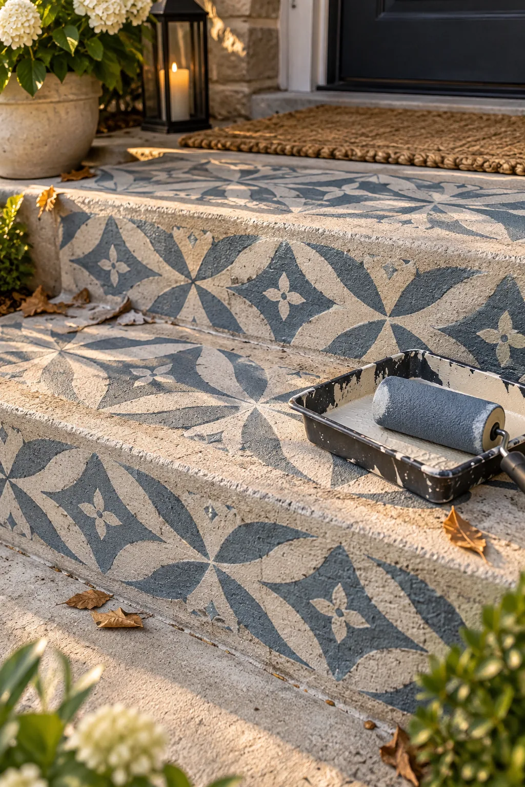 Concrete porch steps painted with a black and white geometric stencil pattern.