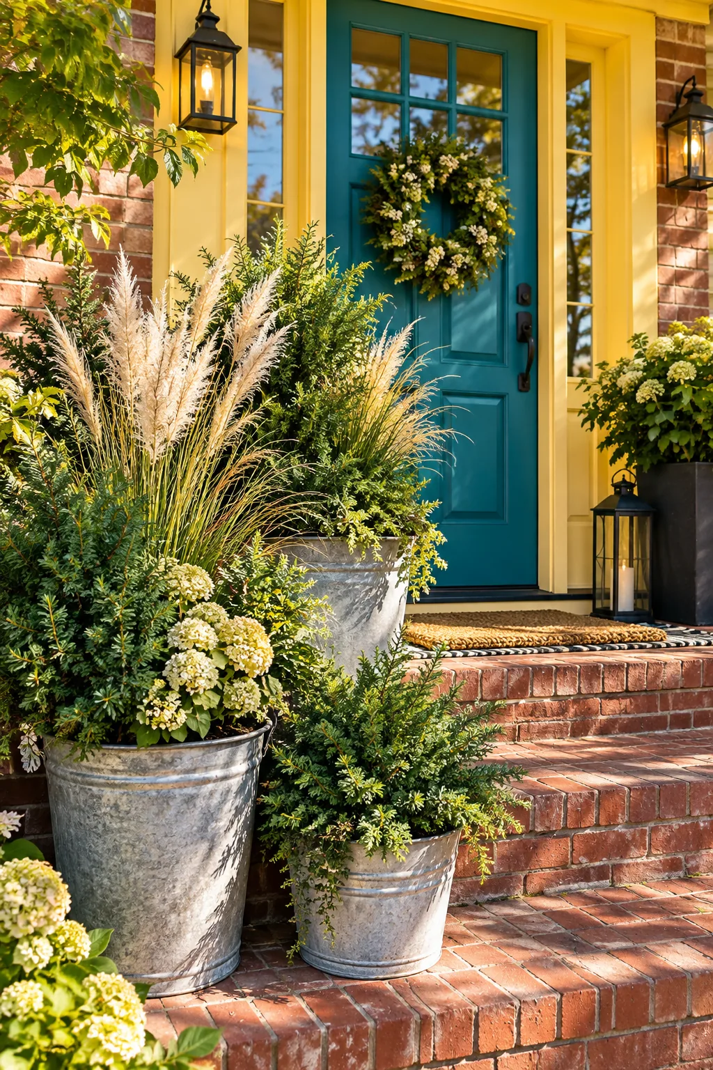 Three large galvanized metal planters filled with ornamental grasses next to brick steps.