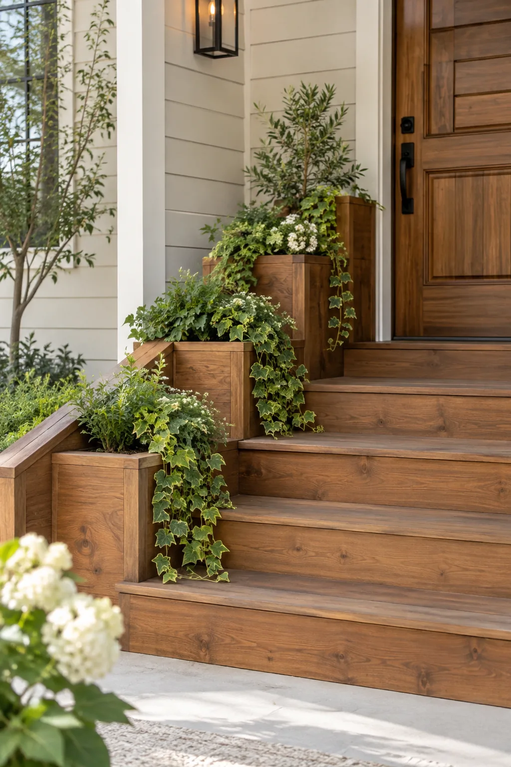 Wooden porch stairs with built-in planter boxes filled with trailing vines.