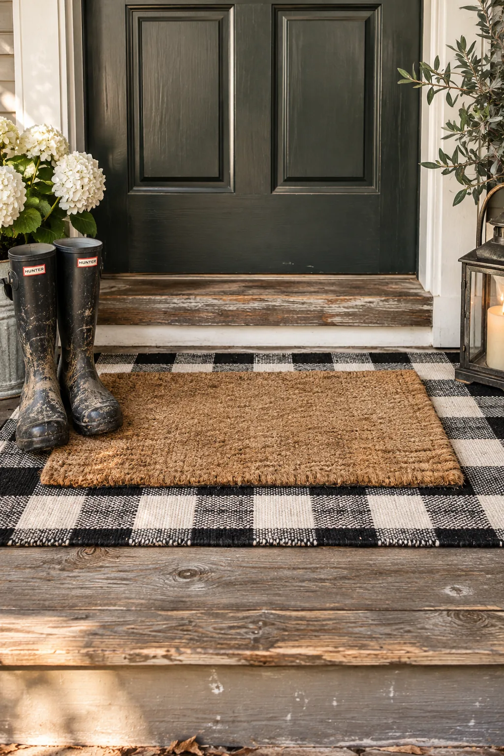A coir welcome mat layered over a black and white buffalo check rug on a porch.