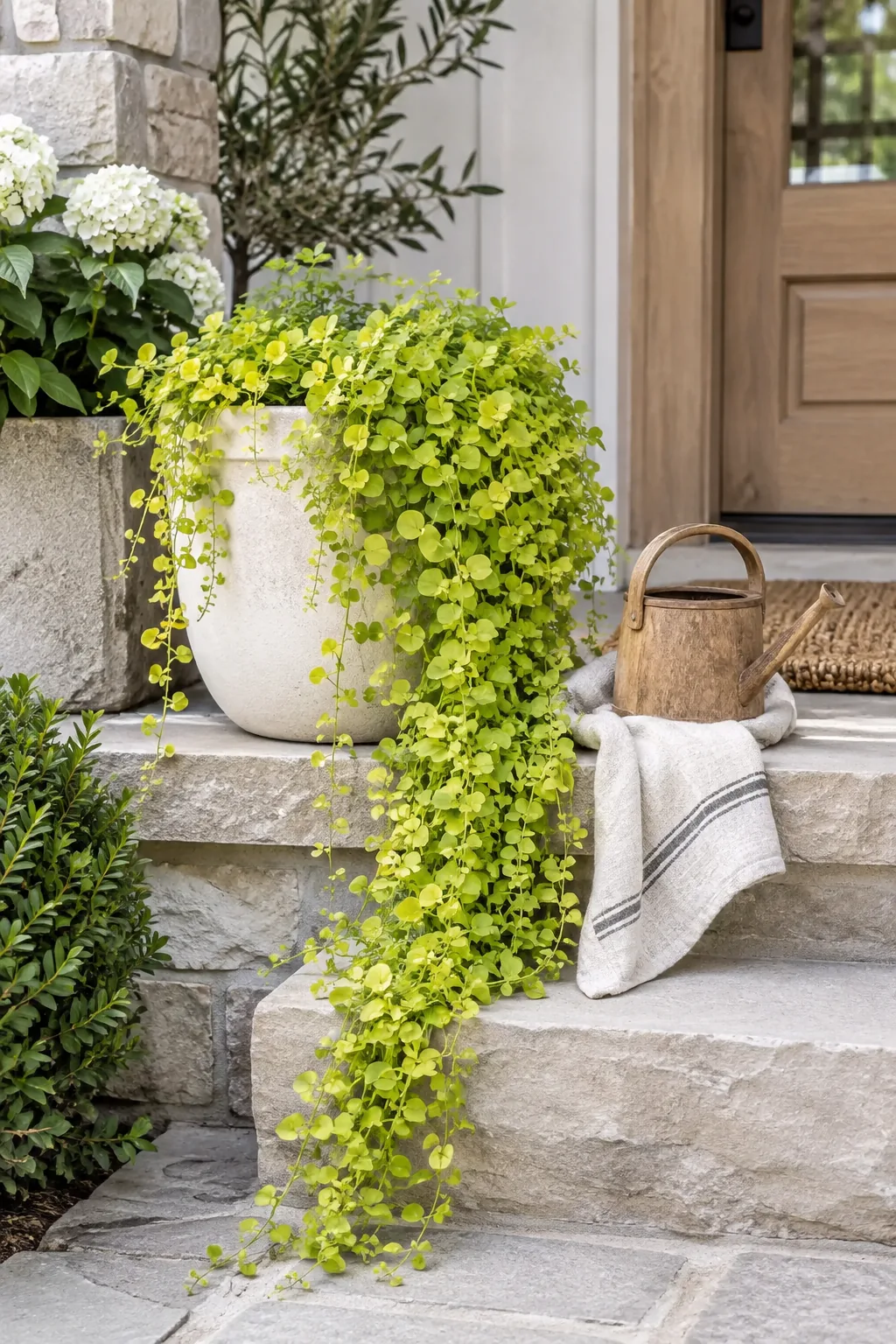 Bright green Creeping Jenny plants spilling over the edges of stone steps.