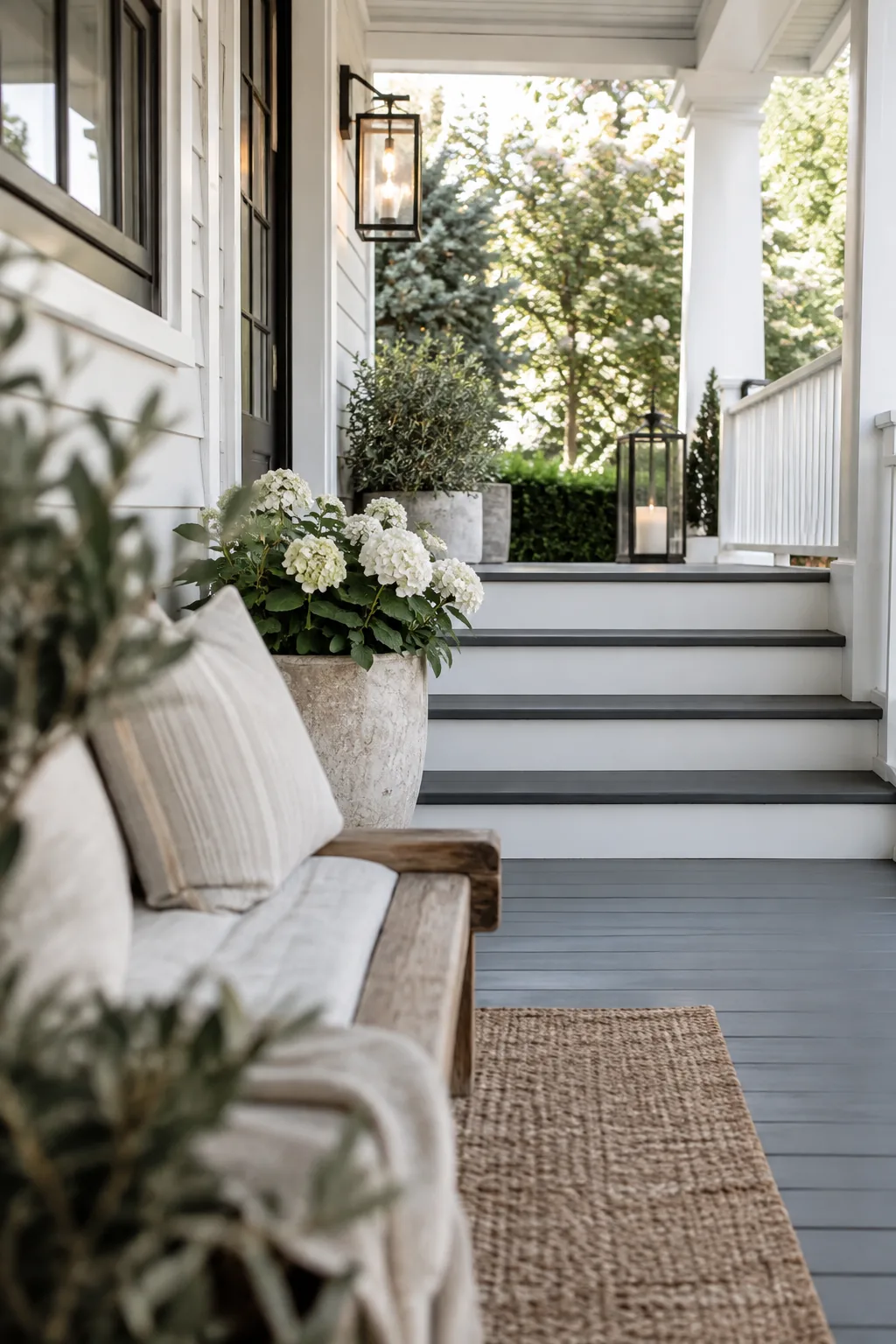 Wooden stairs with dark stained treads and crisp white painted risers.