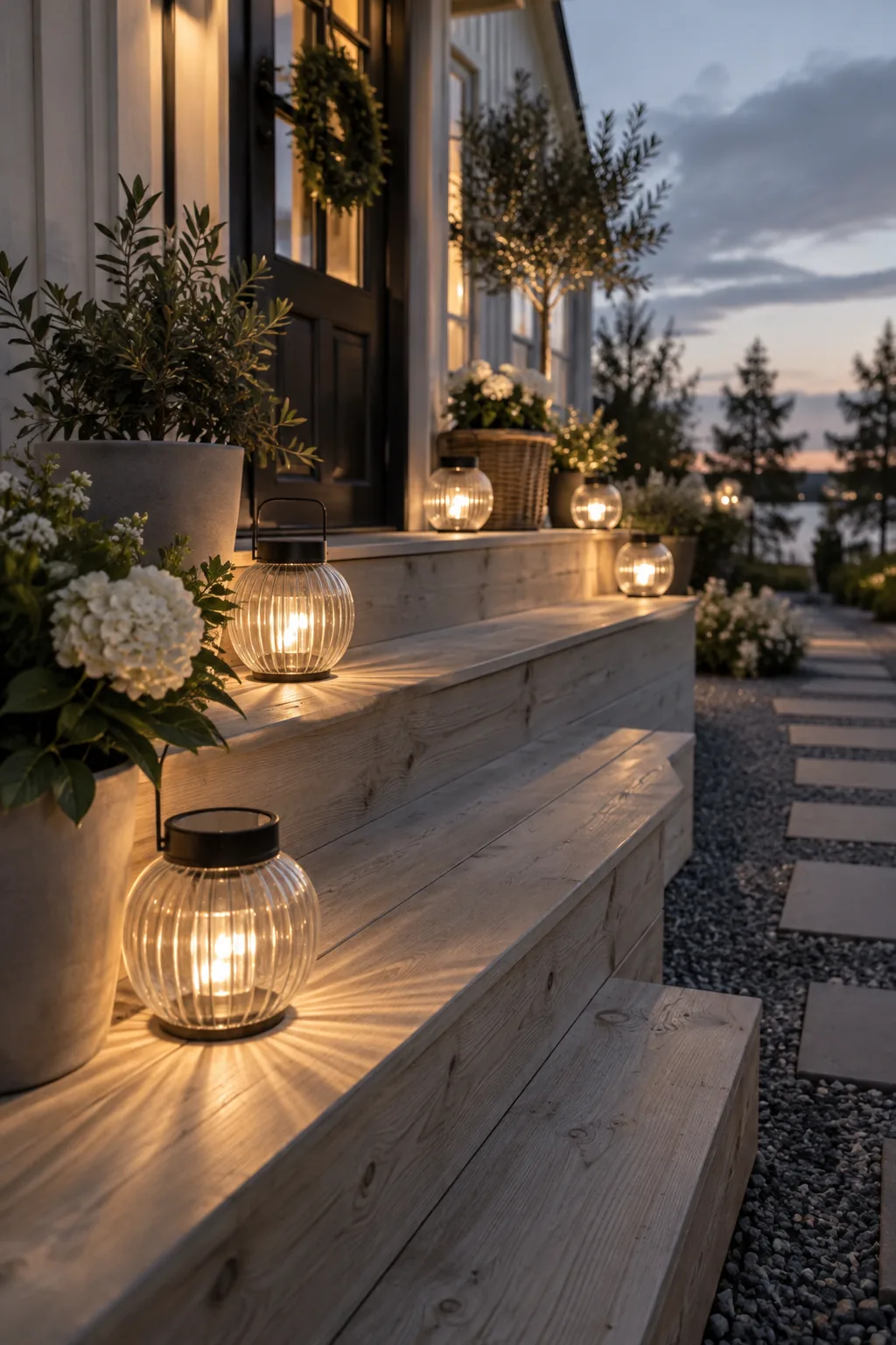 Solar powered glass lanterns lining the edges of a front walkway and steps.