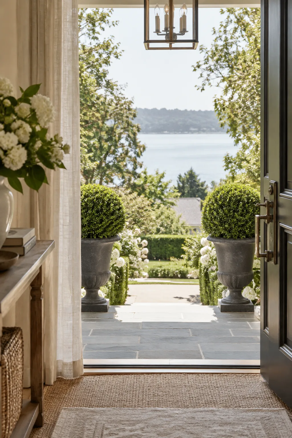 Two tall boxwood topiaries in slate urns flanking a front porch landing.
