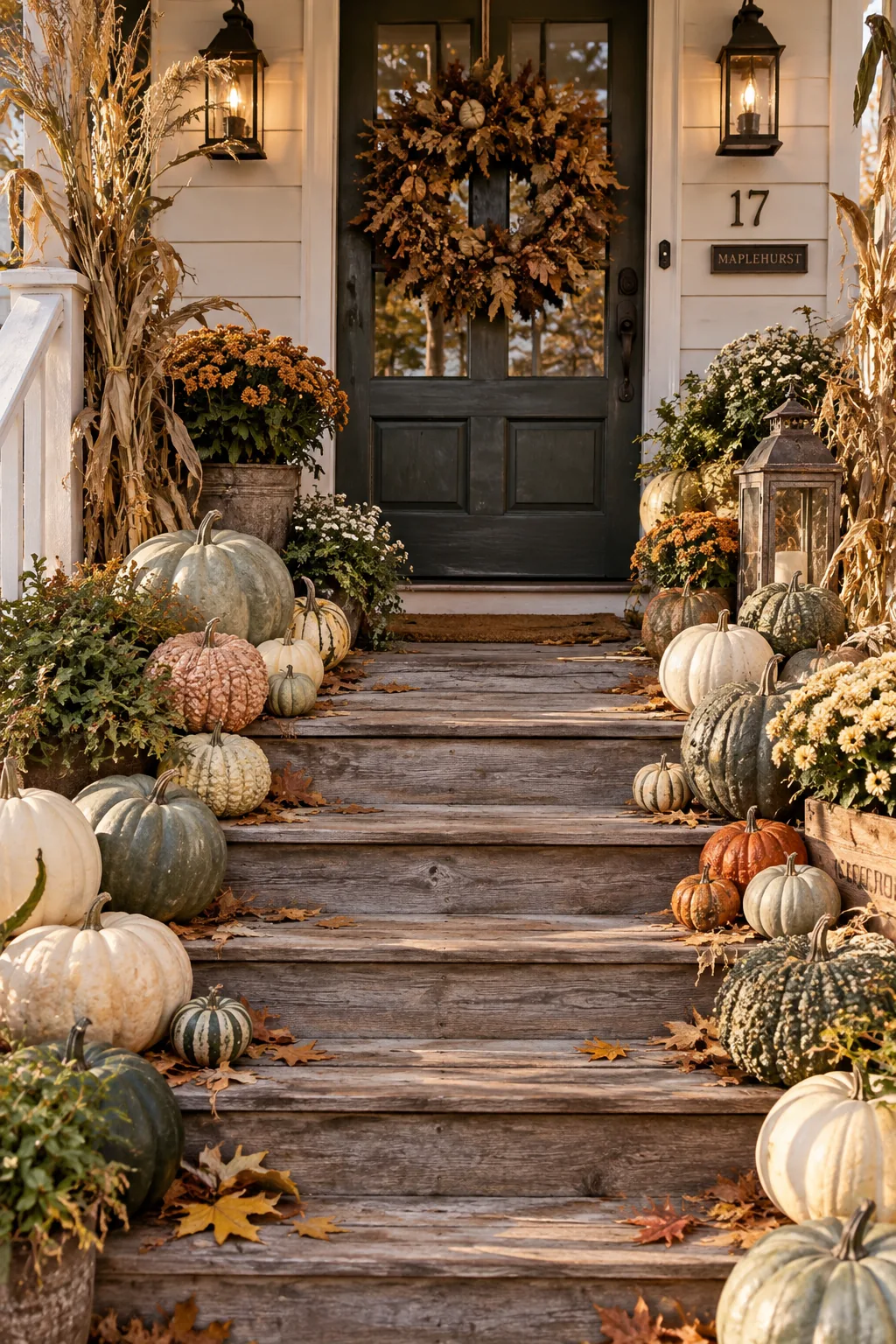 A cascade of heirloom pumpkins and gourds lining the sides of front porch steps.