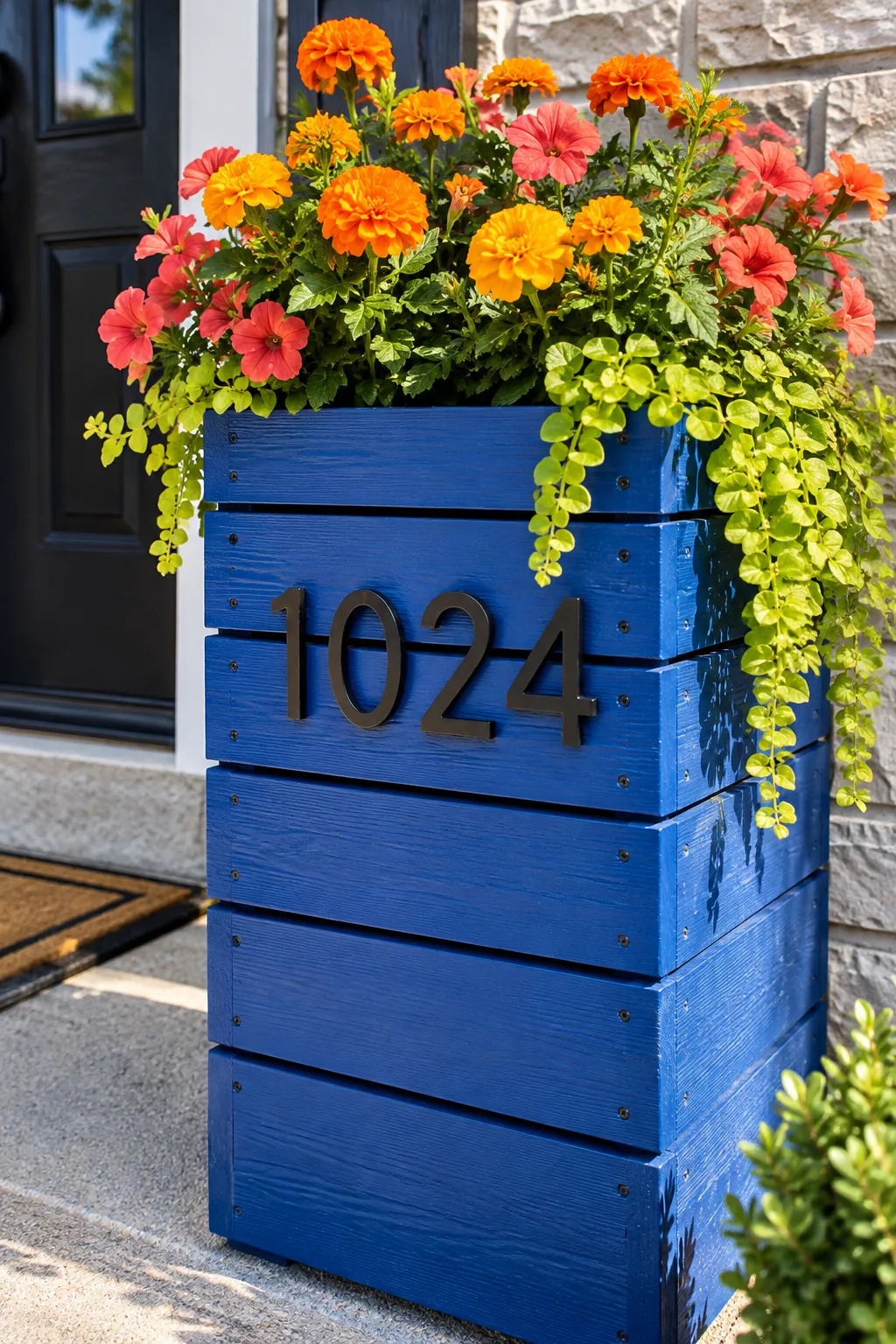 A tall wooden slatted planter box featuring modern metal house numbers.