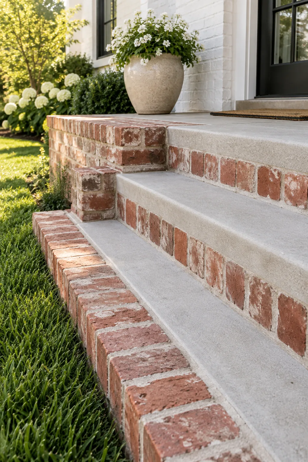 A poured concrete walkway edged with a single row of red bricks.