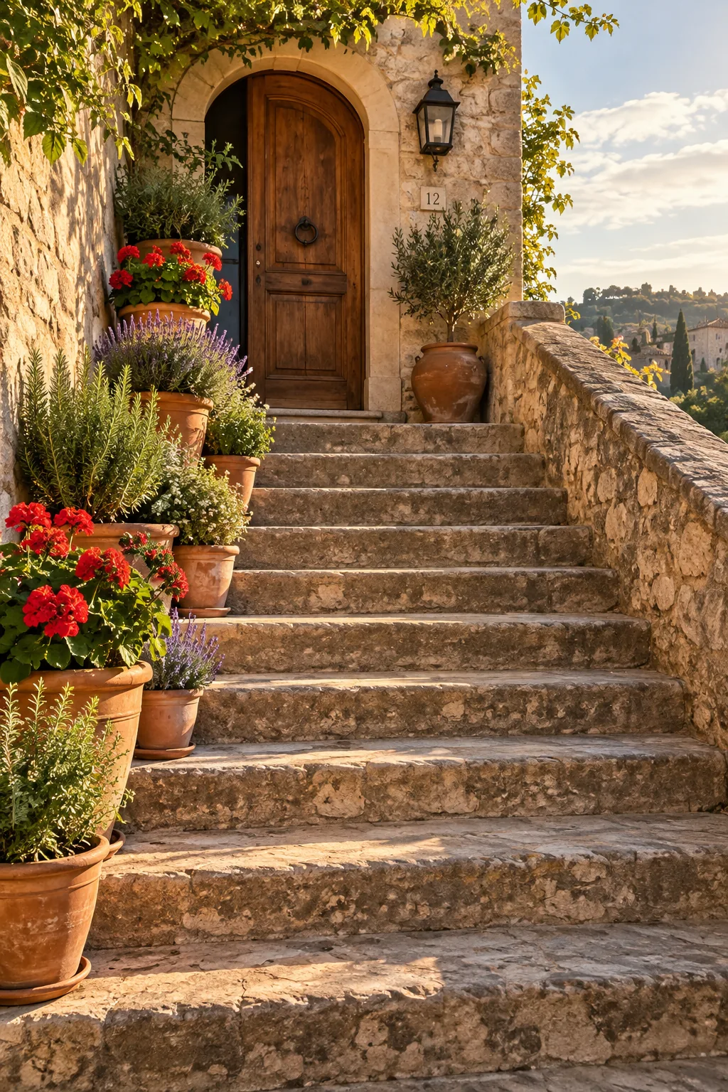 An asymmetrical grouping of varying terracotta pots filled with herbs on one side of a wide staircase.