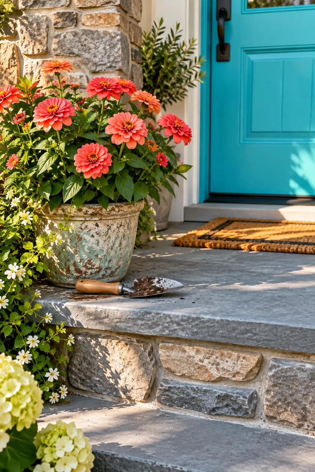 Front steps upgraded with a natural stone veneer and bluestone treads.