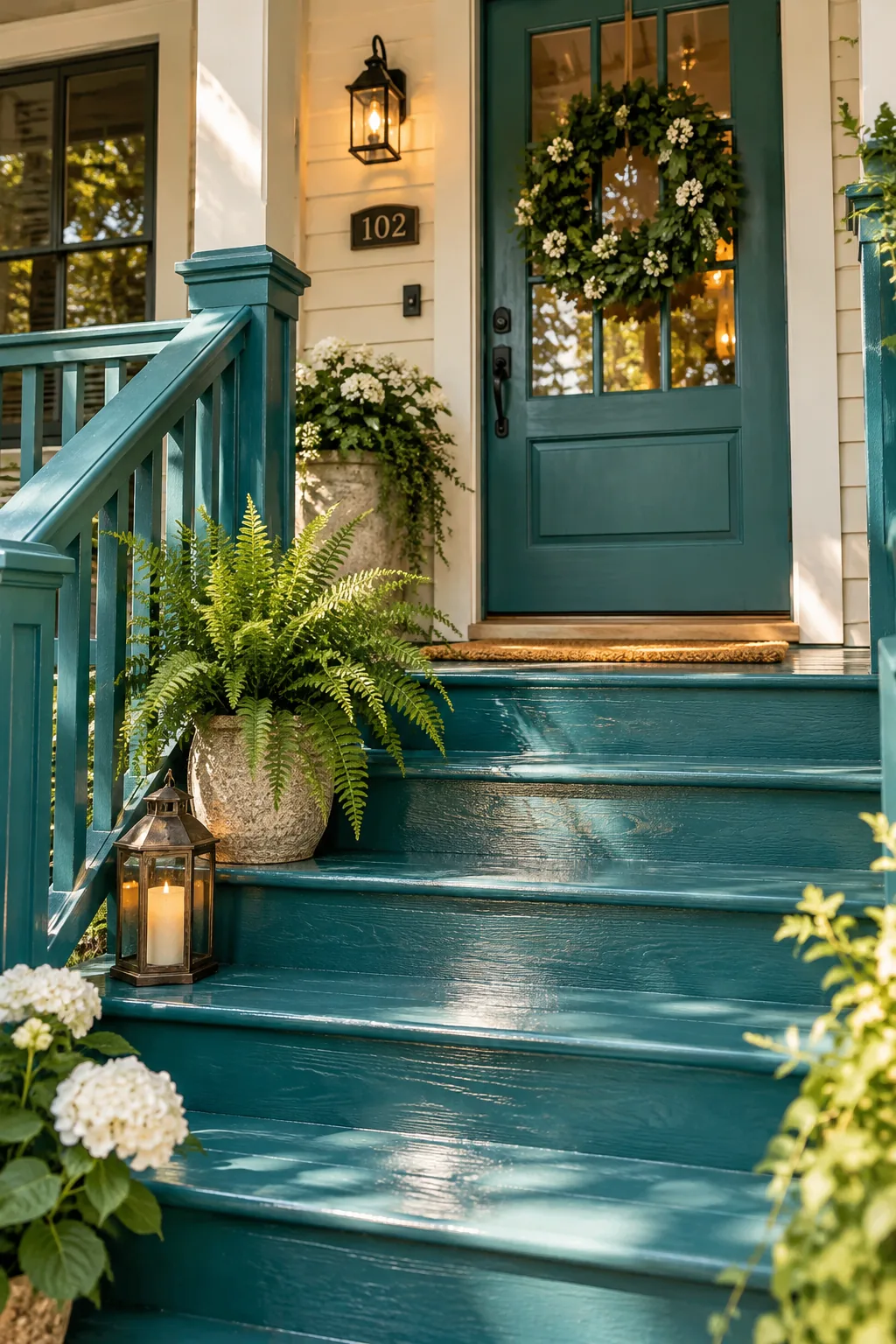 Wooden stair railings painted navy blue to match the front door.