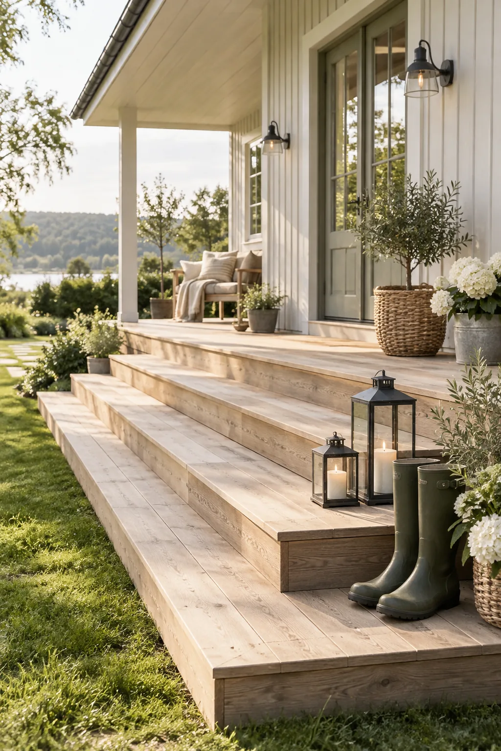 Wide wrap-around wooden stairs leading up to a front porch.