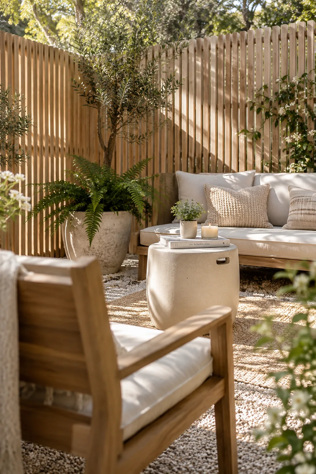 Slatted wooden fence enclosing a small front yard seating area.