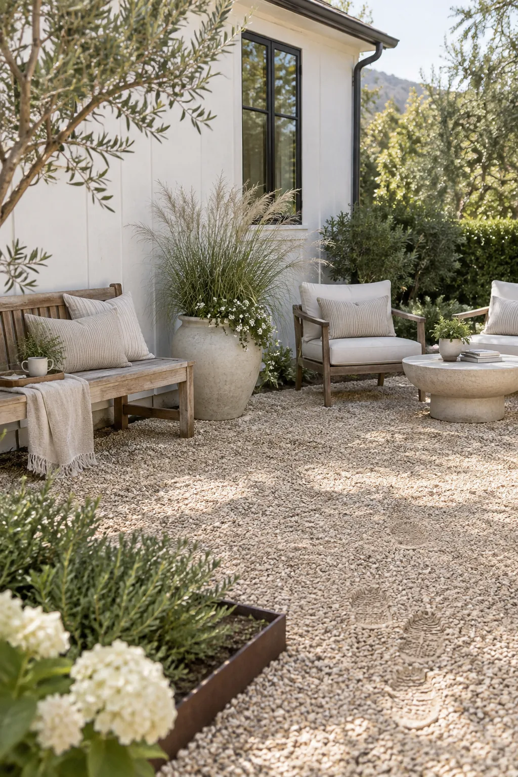 Pea gravel courtyard with a small fire pit and two chairs.