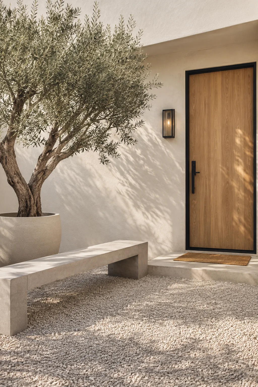 Minimalist front courtyard with large concrete planters and dark river rock.