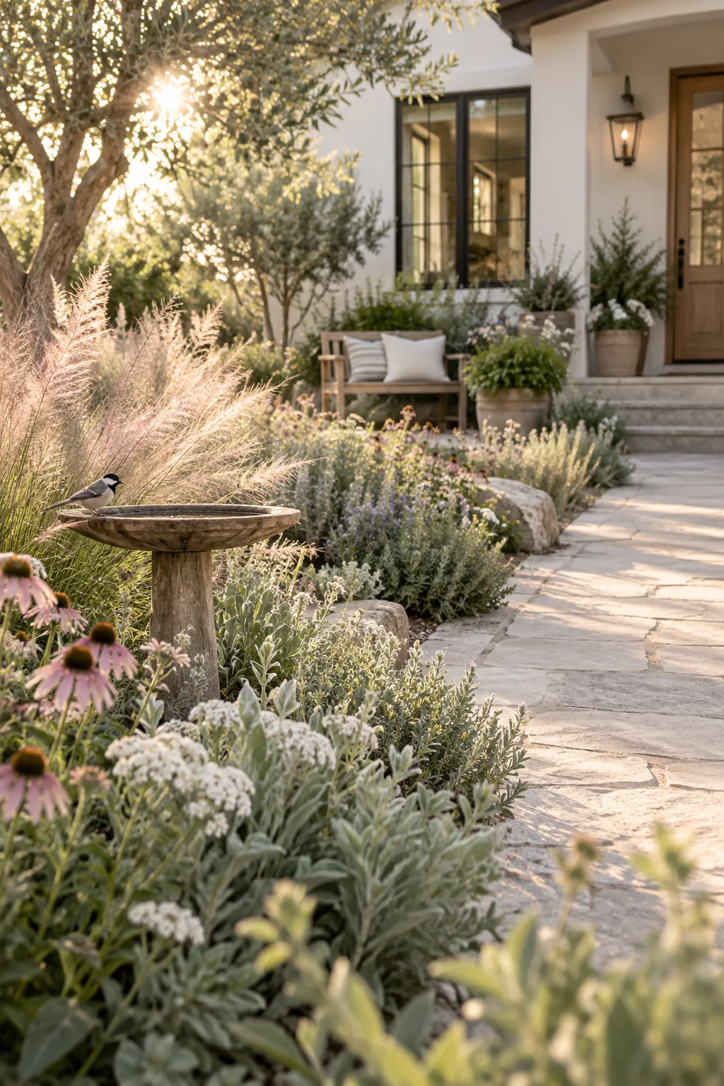 Front courtyard filled with lush native shrubs and a stone pathway.