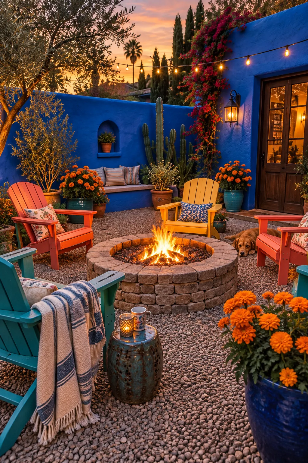 Four Adirondack chairs around a round fire pit in a front courtyard.
