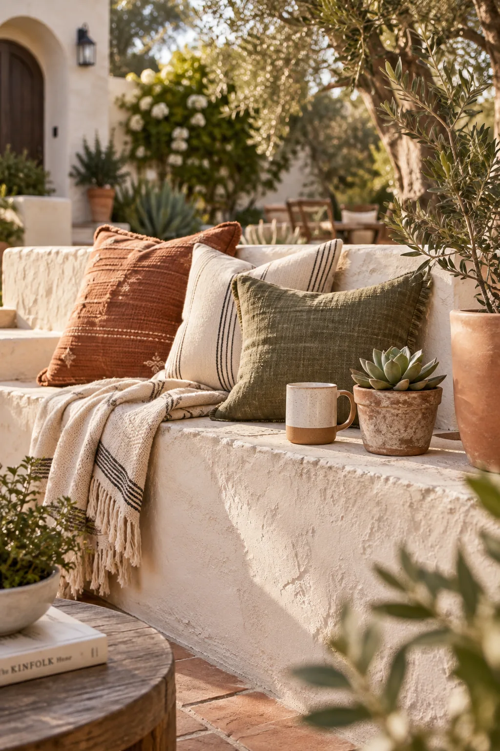 White stucco retaining wall doubling as a bench with outdoor pillows.