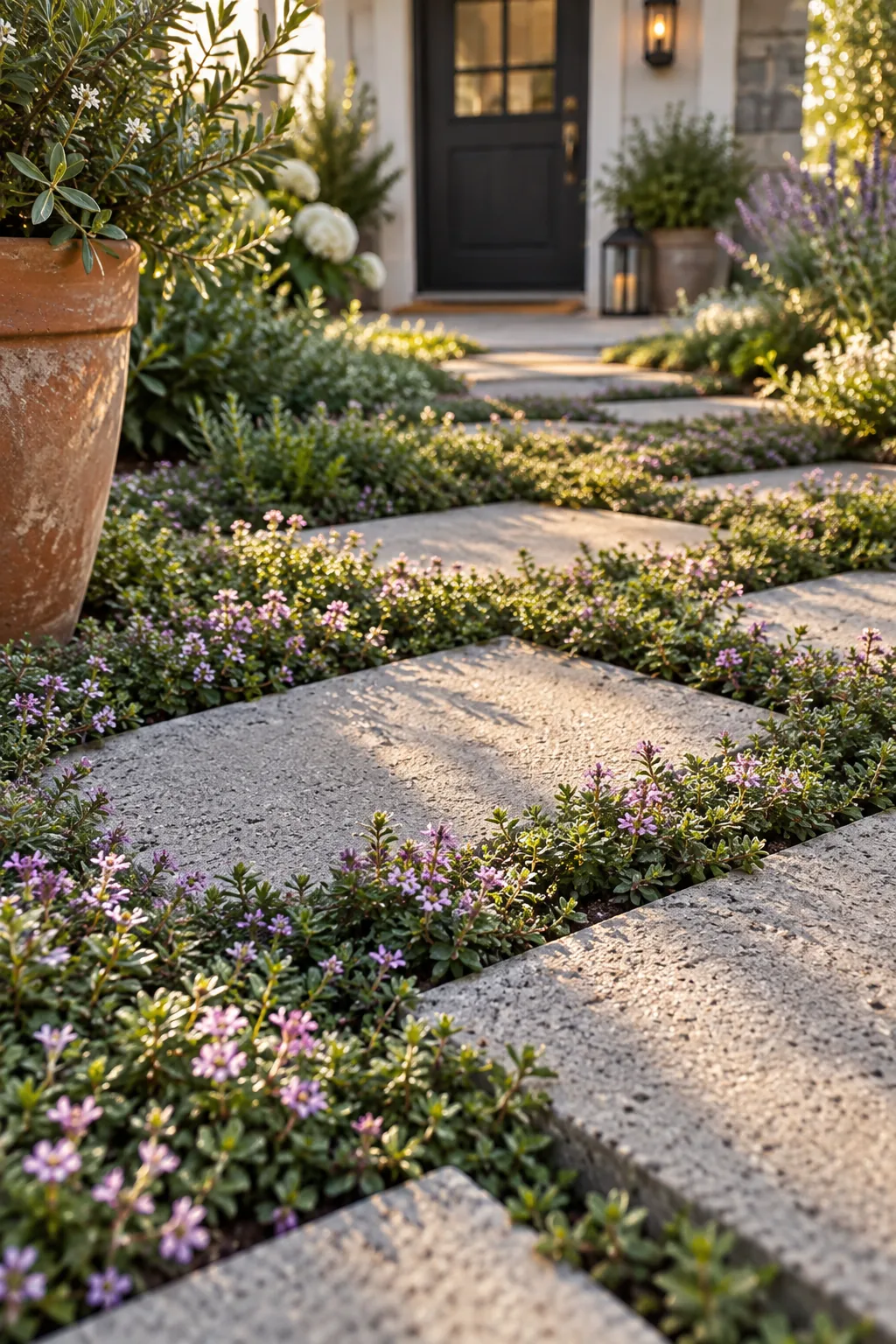 Staggered concrete pavers with creeping thyme growing between them.
