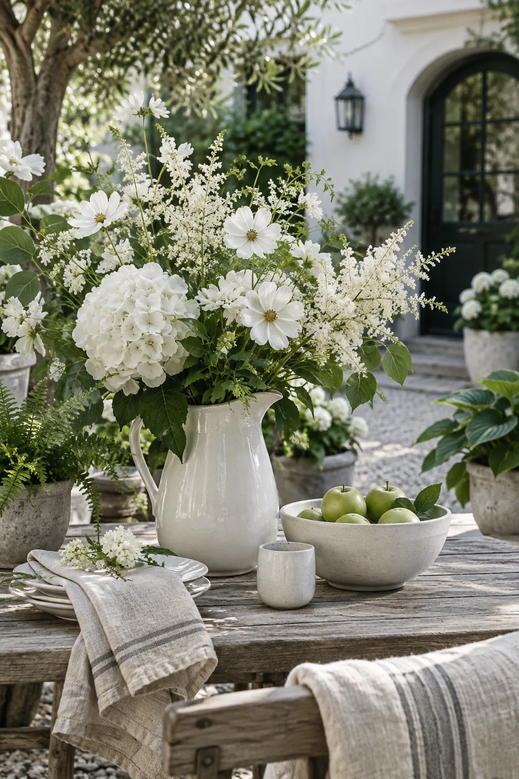 A front courtyard featuring only white flowers and dark green shrubs.