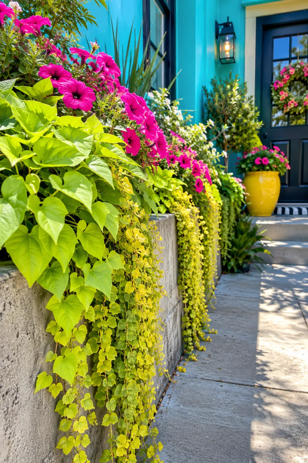 Trailing sweet potato vines spilling over a modern concrete raised bed.