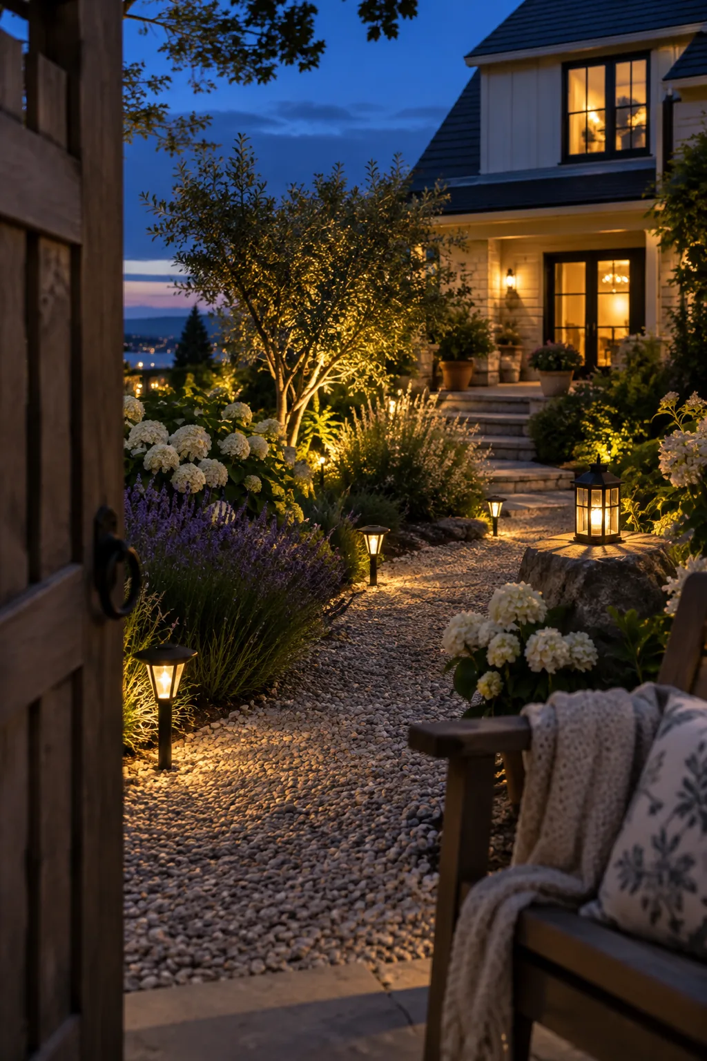 Front courtyard glowing at night with solar uplighting on trees and pathways.