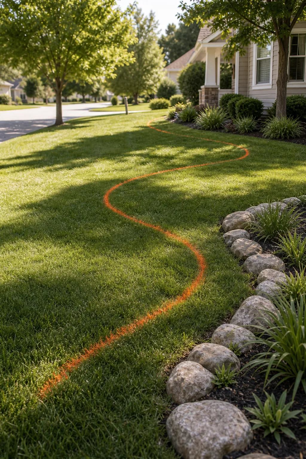 A front lawn with a meandering path outlined in bright orange spray paint.