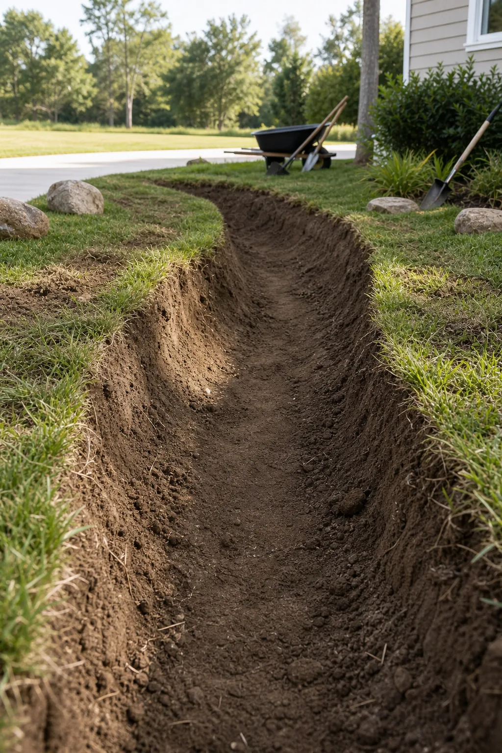 A freshly dug U-shaped dirt trench in a green lawn.