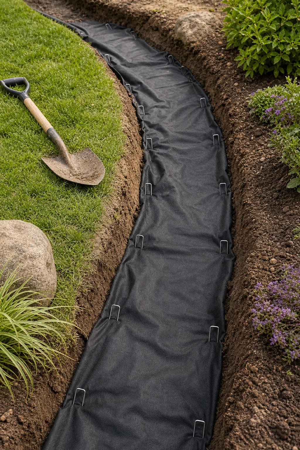 Black landscape fabric secured into a dirt trench with metal staples.