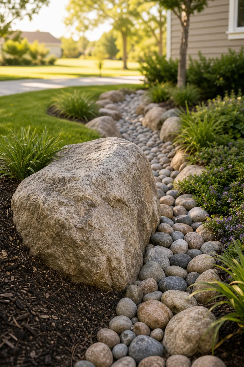 A large granite boulder partially buried in the edge of a landscape trench.