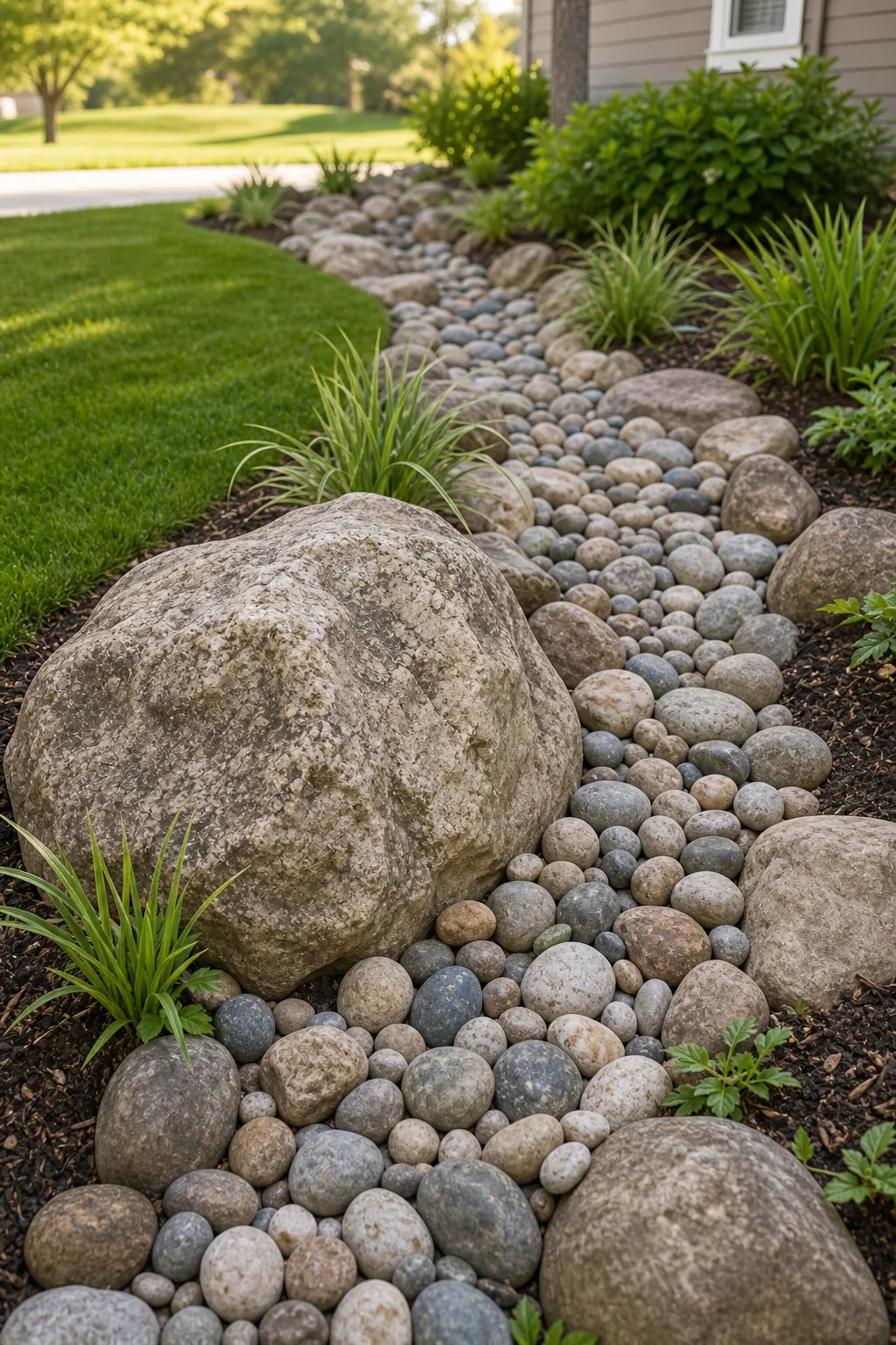 Medium-sized rounded stones clustered around a large landscape boulder.