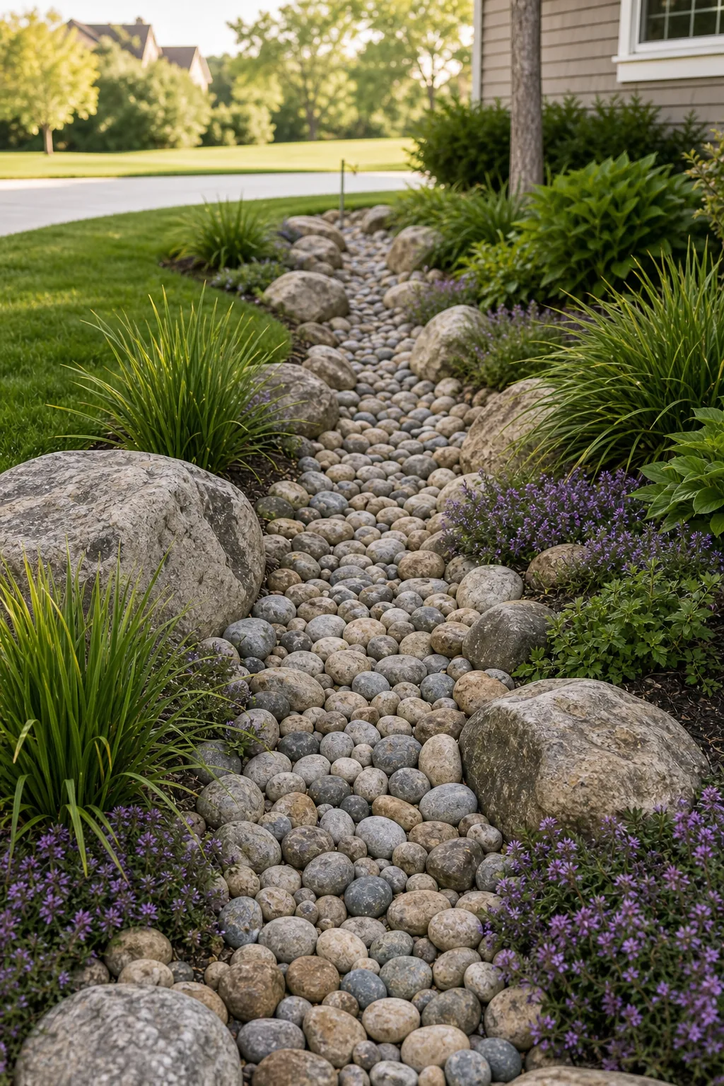 A thick layer of smooth river rock filling the center of a dry creek bed.