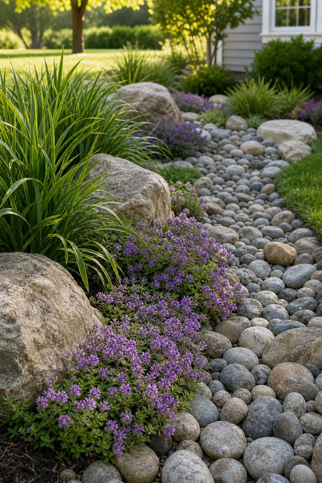 Ornamental grasses and creeping thyme growing along the edge of a rock bed.