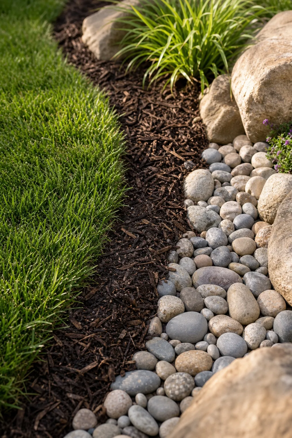 Dark brown mulch bordering medium landscape stones and green grass.