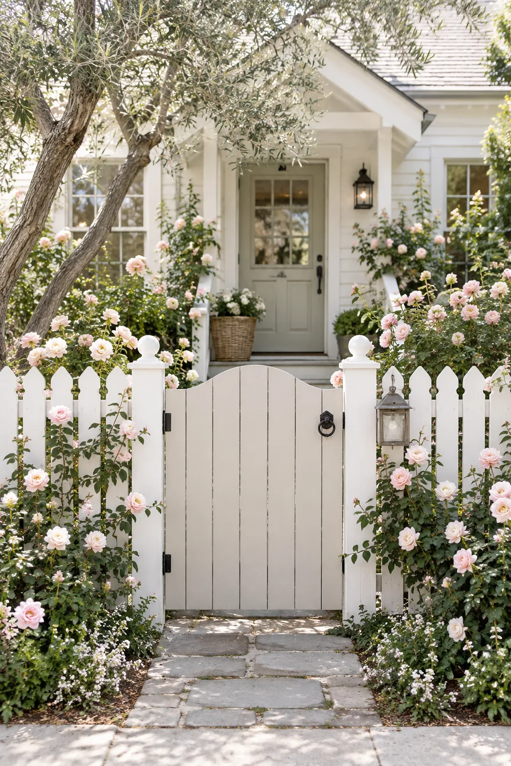 A traditional white scalloped picket fence lining a brick front walkway with climbing roses