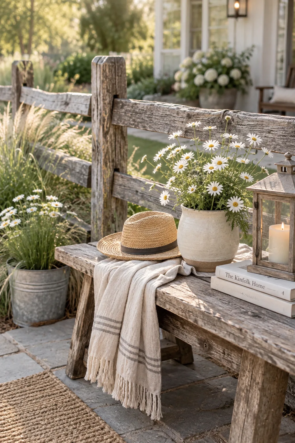 A rustic three-rail split wood fence running along a green front lawn with wild daisies