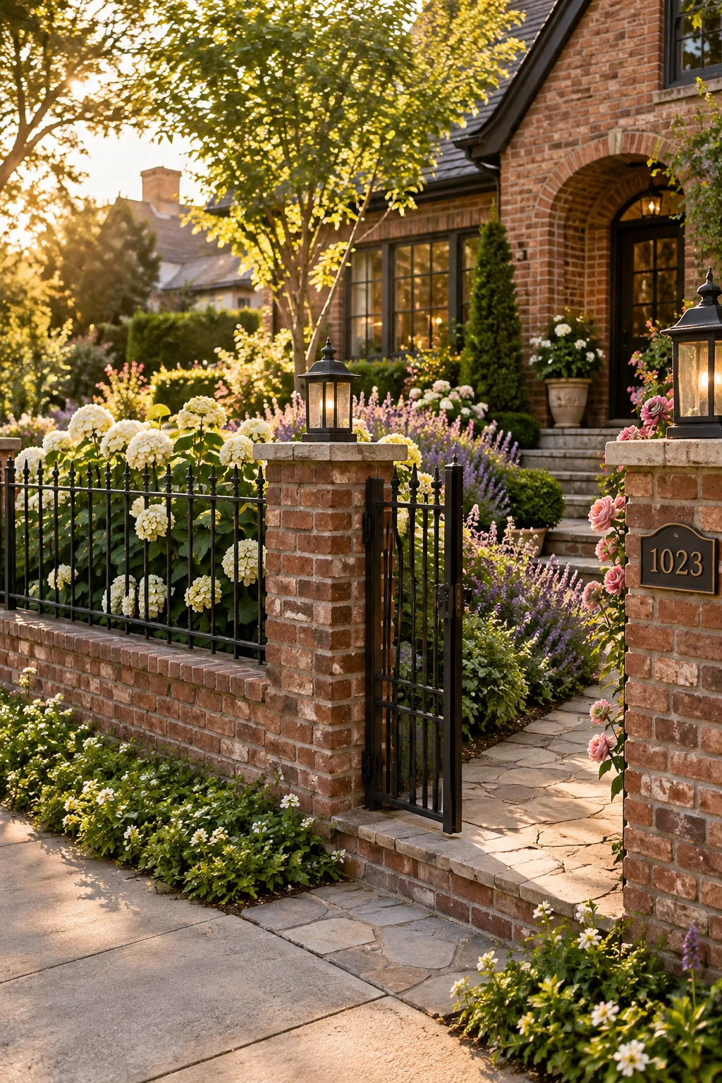 A low red brick wall topped with decorative black iron fence panels in a front yard