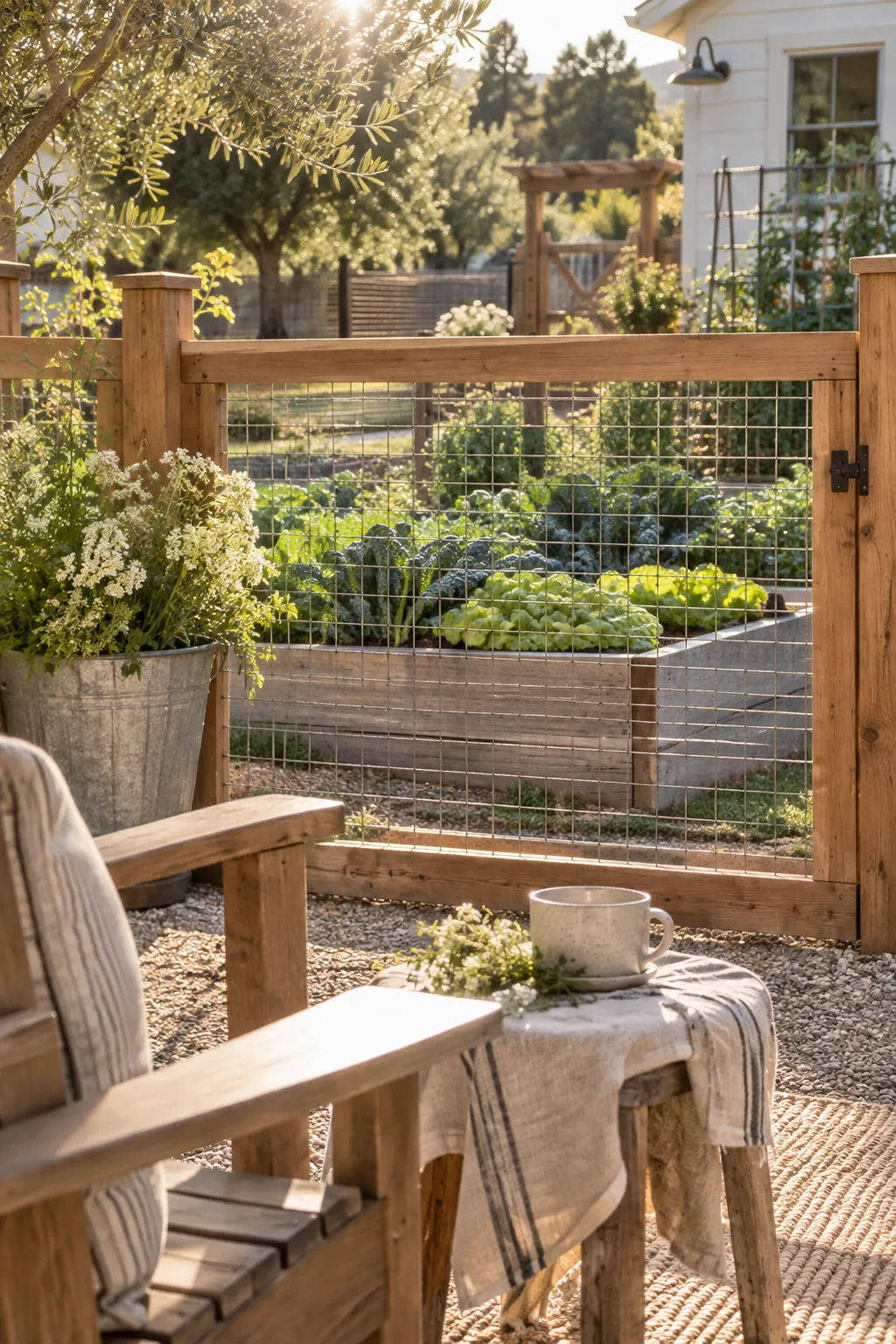 A simple front yard garden fence made of wire mesh framed in thick cedar wood
