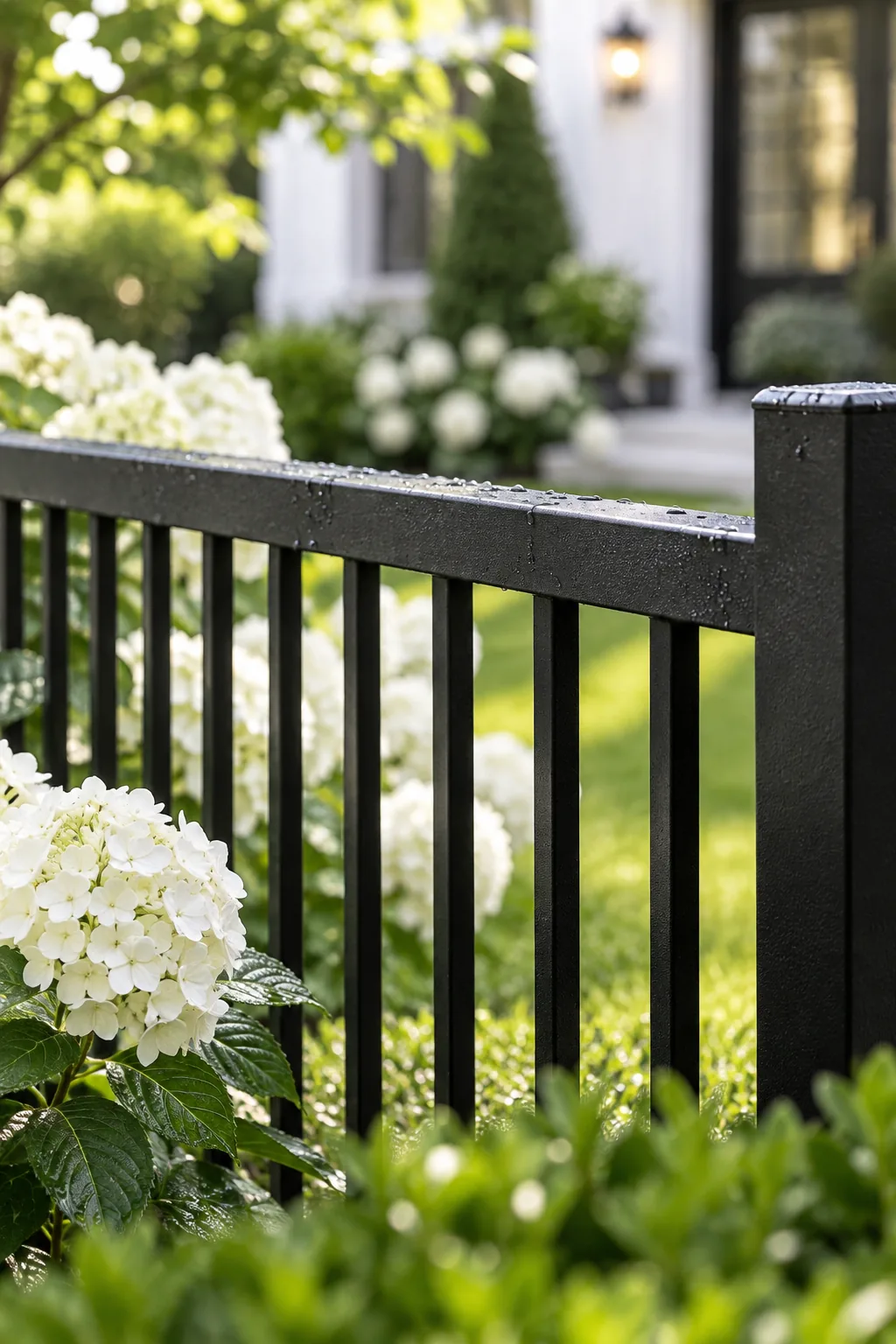 A sleek black aluminum fence enclosing a lush green front lawn and colorful flower beds
