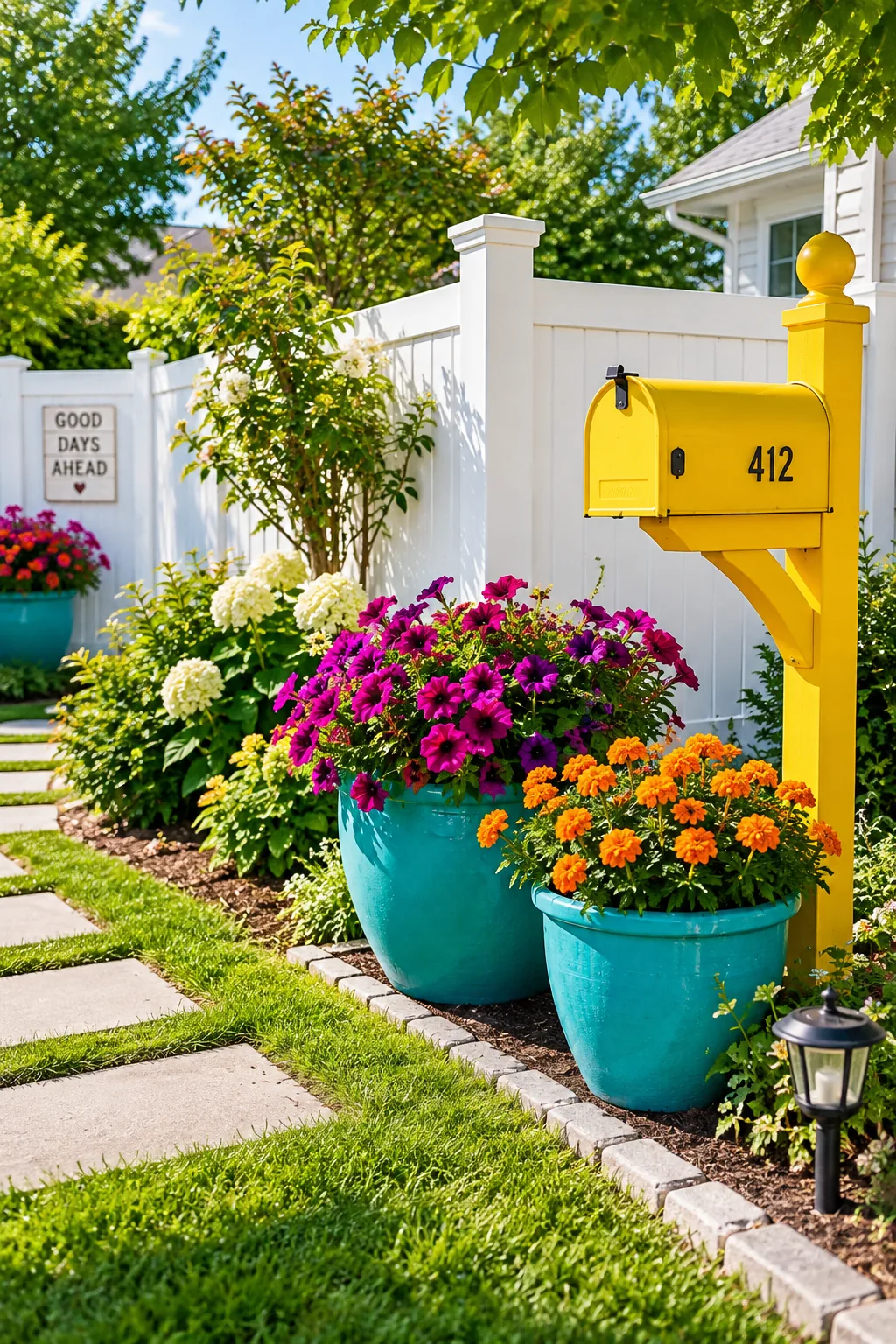 A solid white vinyl privacy fence blocking the view of a busy street from a front yard