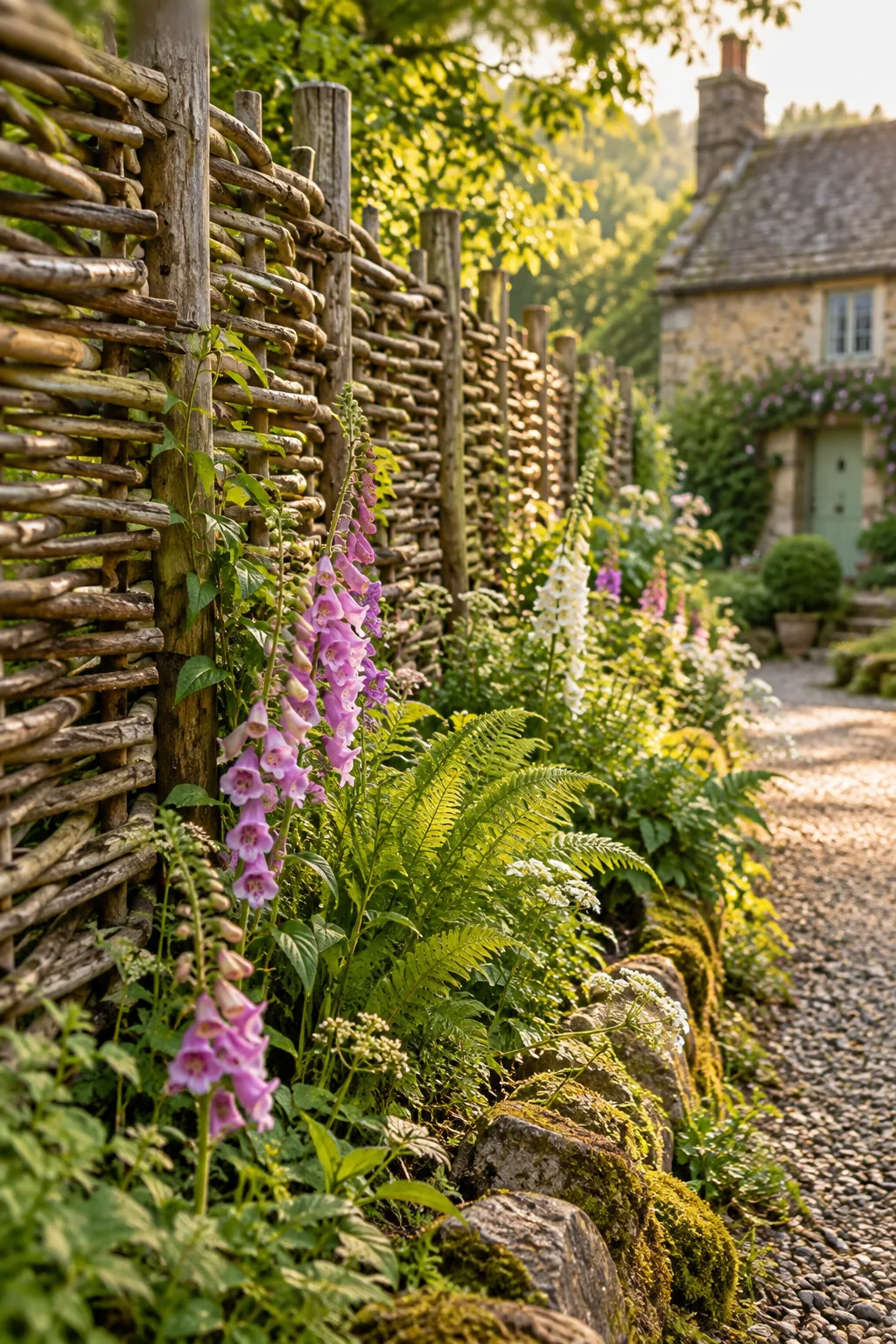 A textured woven wattle fence made of flexible branches curving around a cottage garden