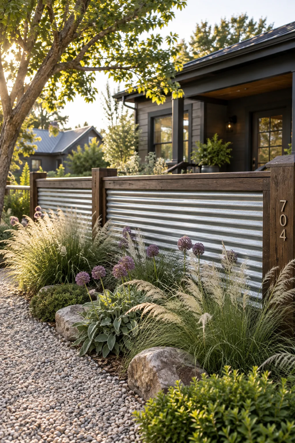 A front yard fence made of shiny corrugated metal panels framed in dark stained wood